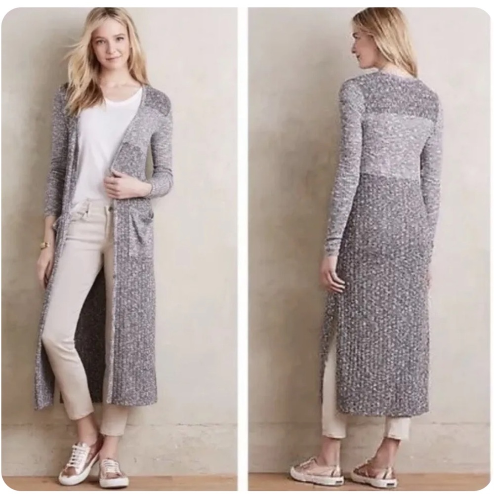ANTHROPOLOGIE | Black & White Long Lightweight Duster Cardigan w/ Buttons | Sz L